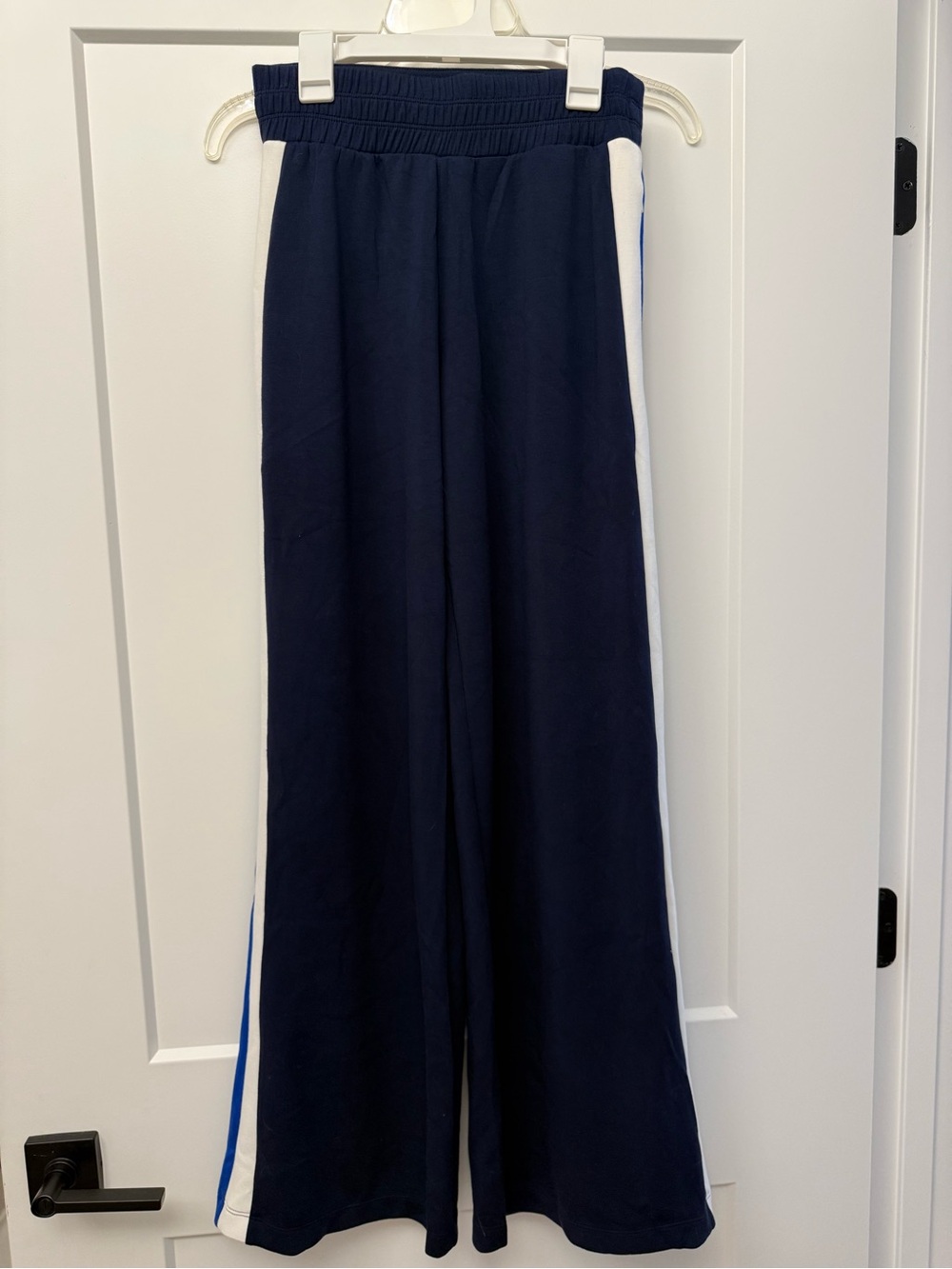 SPANX Navy Wide-Leg Track Pants with White & Blue Side Stripes